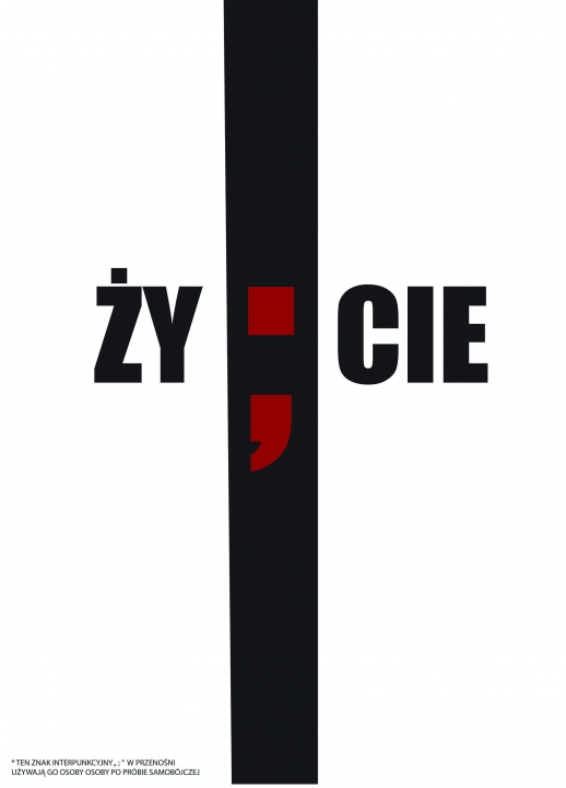 Biały plakat z czarnym napisem ŻYCIE oddzielony czarnym prostokątem pośrodku i  czerwonym znakiem interpunkcyjnym 